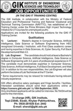 GIK Institute of Engineering Sciences and Technology Jobs September 2025